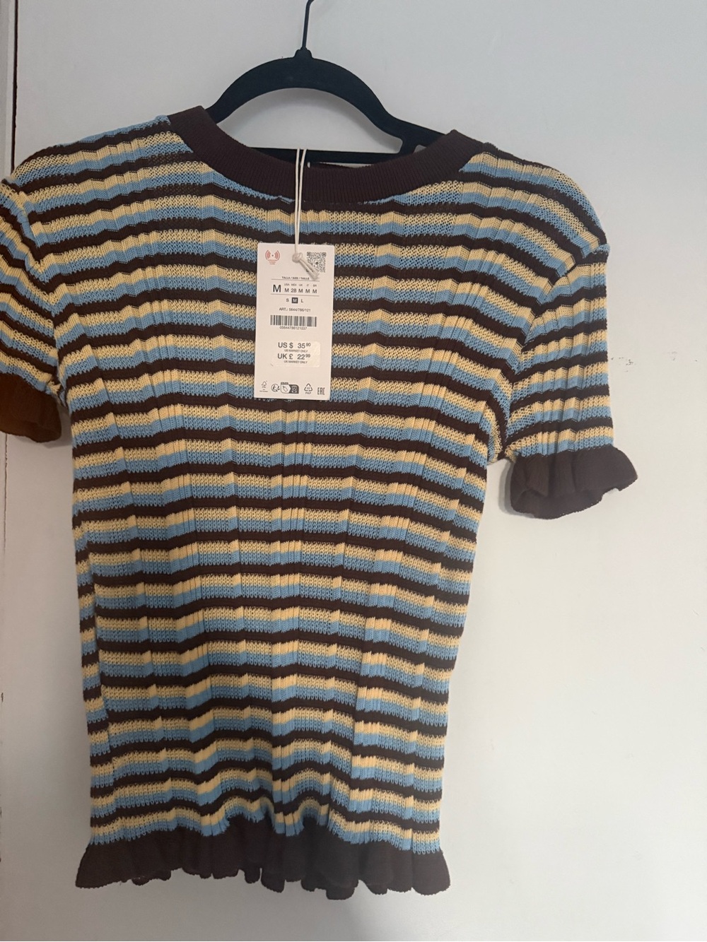 Zara SIZE M Striped Knit Tee in Blue, Brown, Cream NWT
